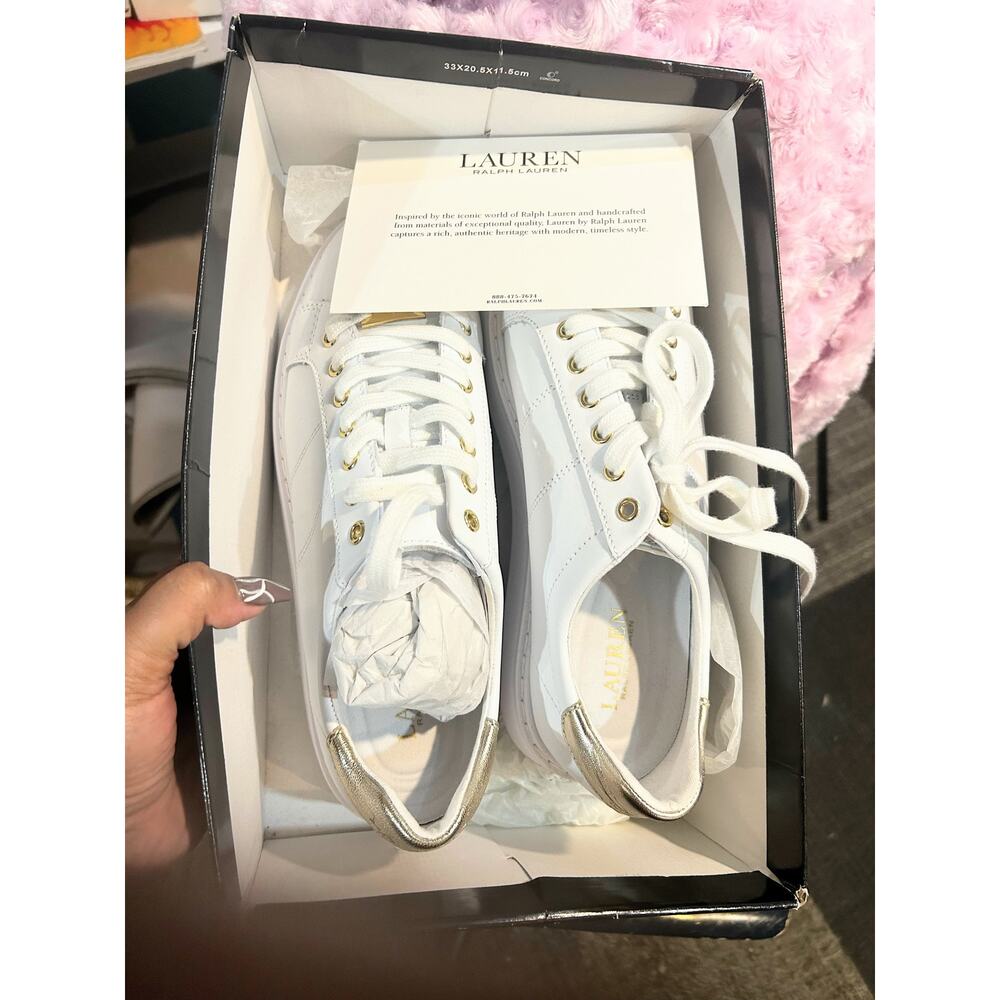 POLO RALPH LAUREN Women Sz 10 Angeline Lace-Up Sneaker 100% Leather w/ platinum